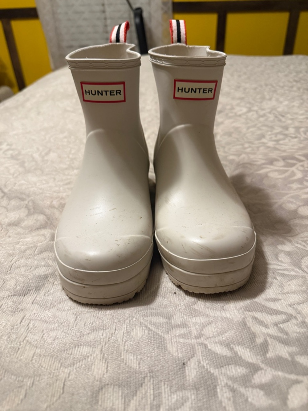 Hunter White Ankle Rain Boots with Red-Trim Pull Tabs
